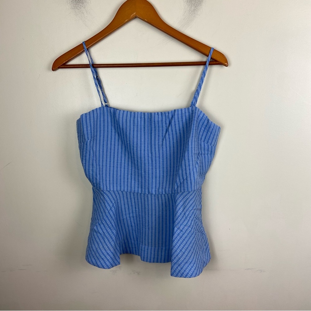 La’ Ven Blue White Striped ‎ Keyhole Open Back Peplum Blouse Top Tank Small NWT